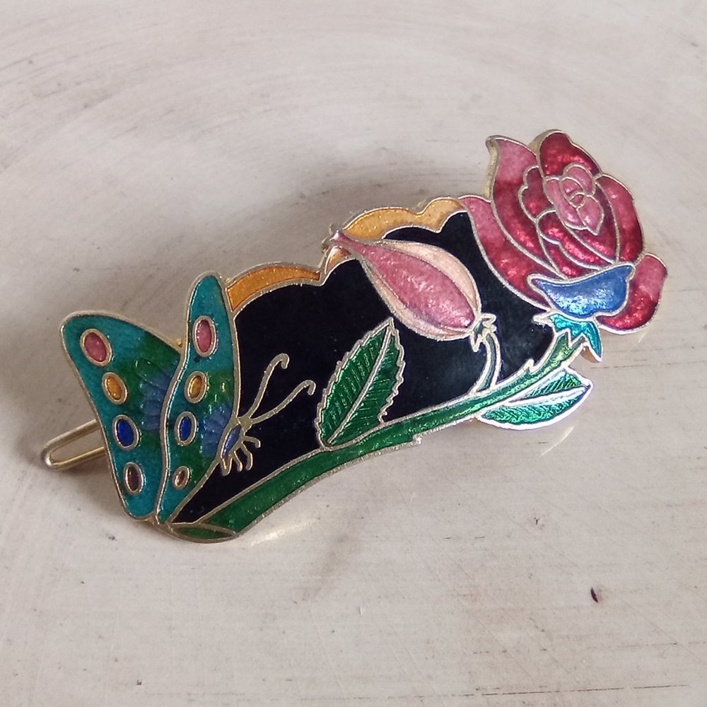 Vintage Cloisonne Butterfly and Flower Gold Tone Hair Barrette Clip